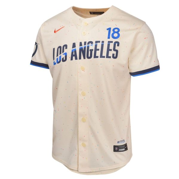 Yoshinobu Yamamoto 18 Los Angeles Dodgers 2024 City Connect Cream Limited Youth Jersey - Image 2