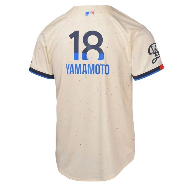 Yoshinobu Yamamoto 18 Los Angeles Dodgers 2024 City Connect Cream Limited Youth Jersey - Image 3